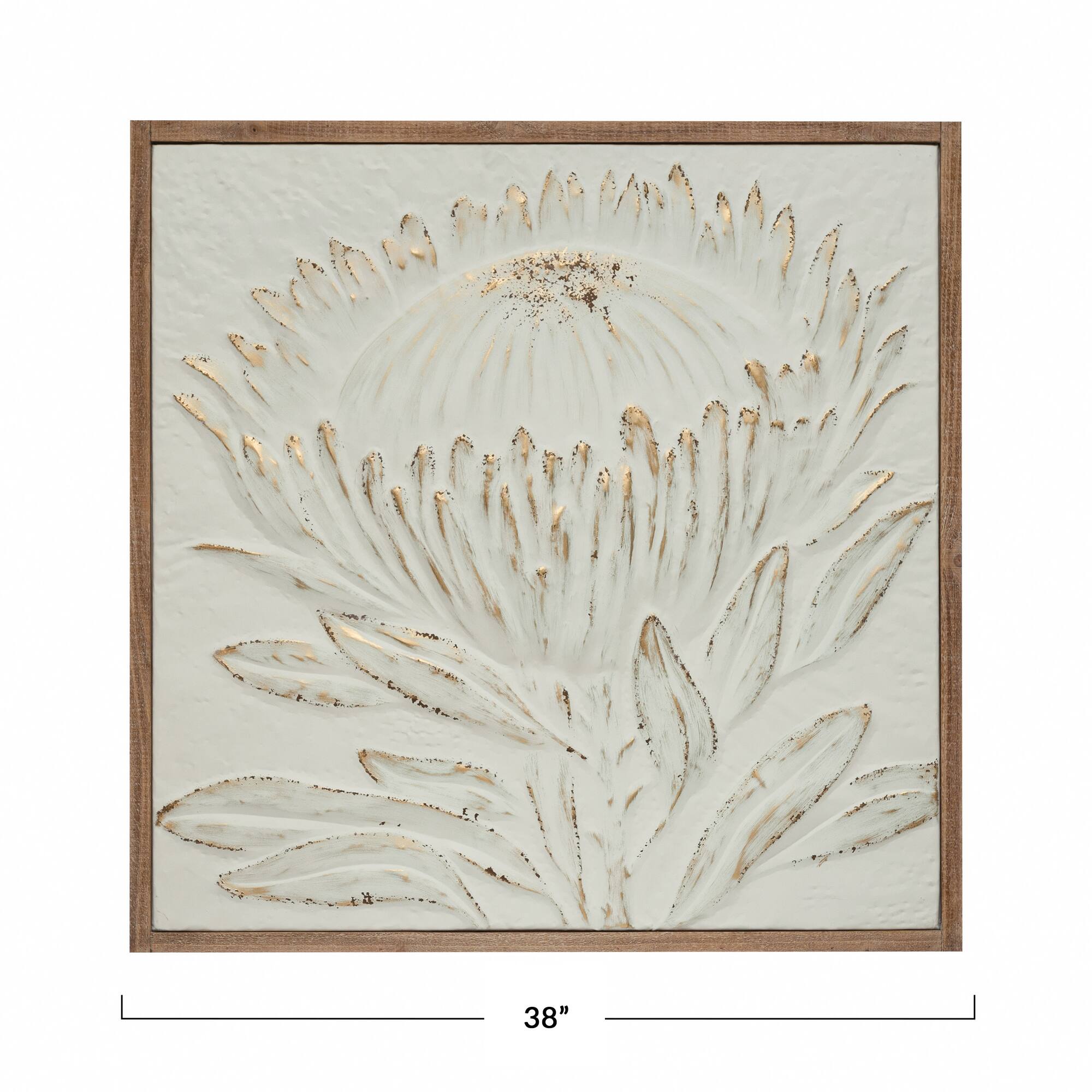 Hello Honey® 38" Antique White and Gold Wood Framed Metal Wall Décor with Embossed Protea